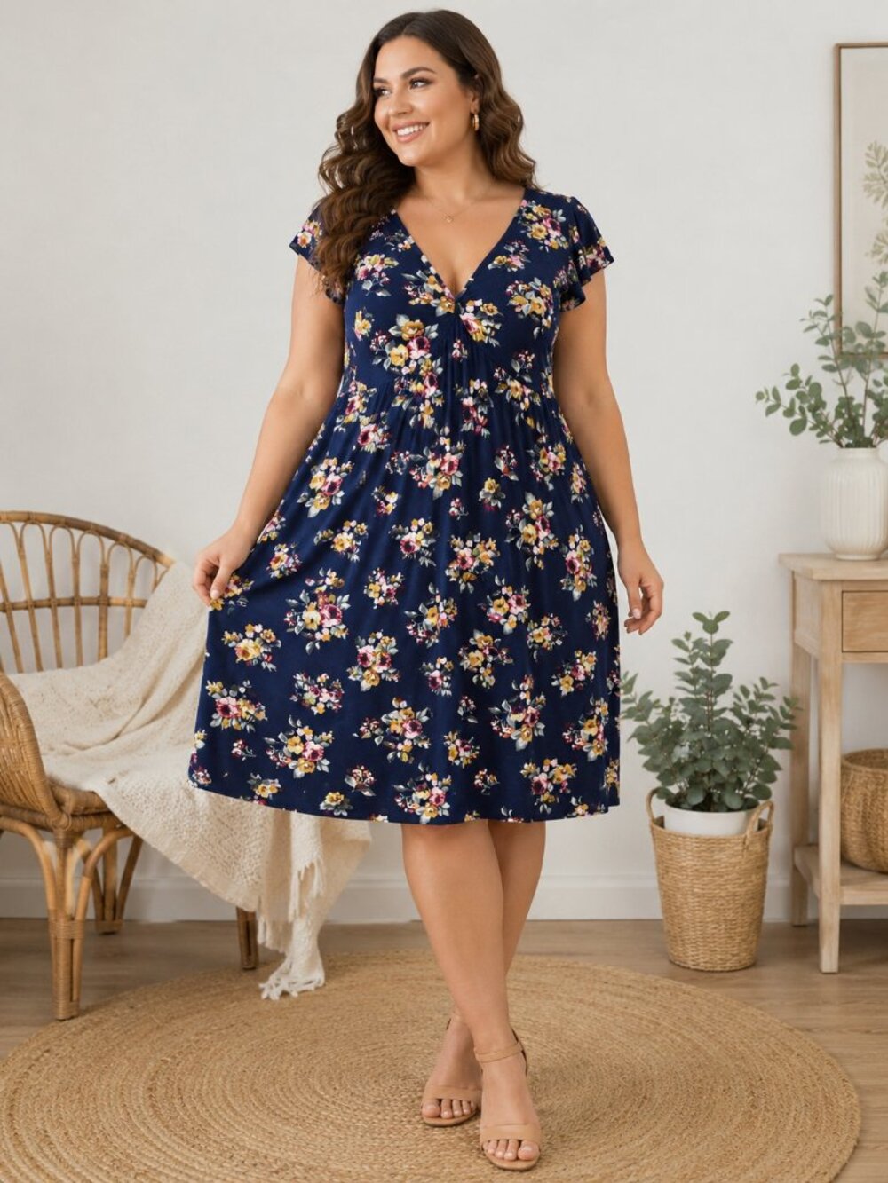 Emerald 1X Navy Floral Empire Waist V Neck Stretch Dress Boho Cottagecore